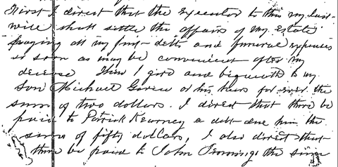 Handwritten page of Ann Gavin's will leaving her son Michael Gavin or his heirs forever the sum of two dollars