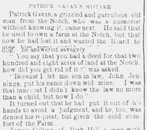 1884 newspaper story Patrick Gavan's Mistake describing the widower telling the poor board how he lost 208 acres at the Notch