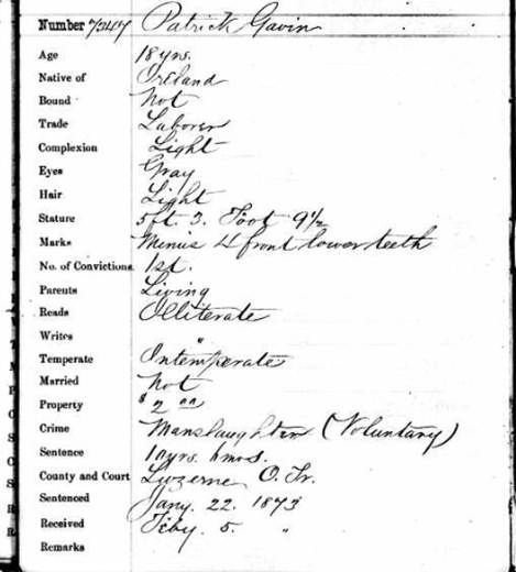 Eastern State Penitentiary register page for prisoner 7349 Patrick Gavin, 1873, listing age 18, born Ireland, illiterate