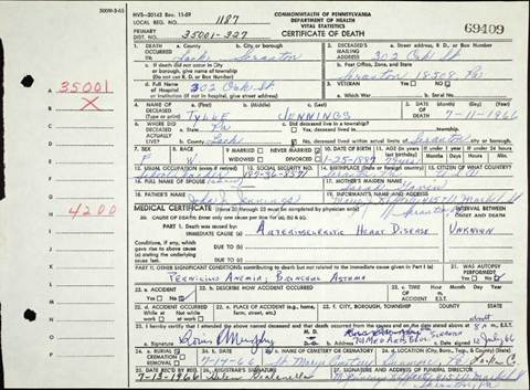 1966 Pennsylvania death certificate for schoolteacher Tylle Jennings naming her mother's maiden name as Sarah Gavin
