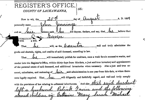 1884 executor's oath of John Jennings naming Ann Gavin's husband Patrick and children Catherine, Mary, Sarah, and Michael