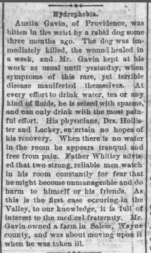 1872 newspaper account of Austin Gavin of Providence dying of hydrophobia after a rabid dog bite, the first case in the Valley