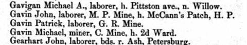 1870 Scranton city directory entries for Gavin including Patrick Gavin, laborer, G.R. Mine, and Michael Gavin, miner, 2nd Ward