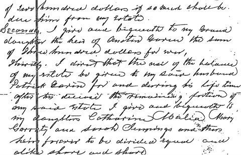 Page of Ann Gavin's will leaving $300 to Austin's daughter, a life estate to husband Patrick, and the rest to three daughters