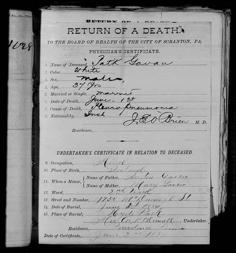 1888 Scranton return of death for Patrick Gavan, miner, age 37, born Ireland, naming parents Austin and Mary Gaven