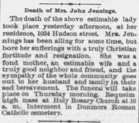 1891 newspaper death notice for Mrs. John Jennings of Hudson Street, Scranton, buried in Dunmore Roman Catholic cemetery