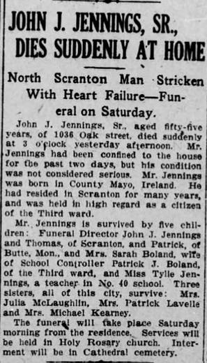 1911 obituary for John J. Jennings Sr. of North Scranton, born in County Mayo, Ireland, naming his five children