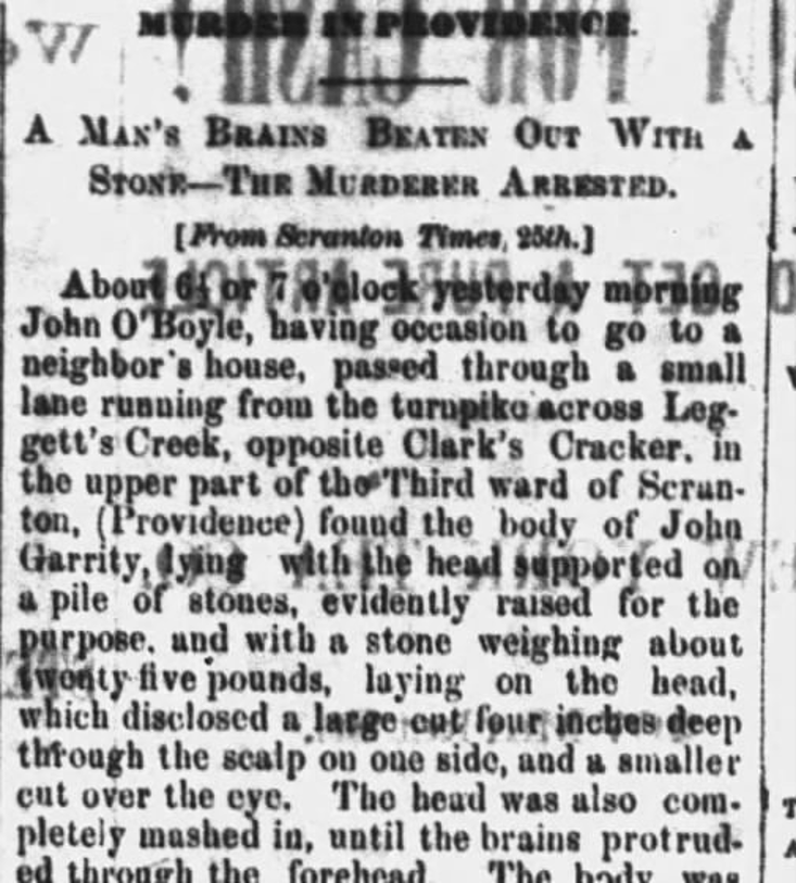 1872 newspaper headline reading A Man's Brains Beaten Out With a Stone, The Murderer Arrested