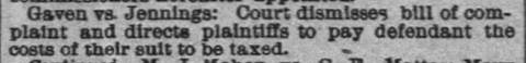 1889 court notice dismissing Gaven versus Jennings and ordering the plaintiffs to pay the defendant's costs