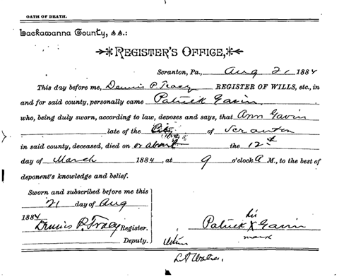 1884 Lackawanna County oath of death for Ann Gavin, signed with an X mark by her illiterate husband Patrick Gavin
